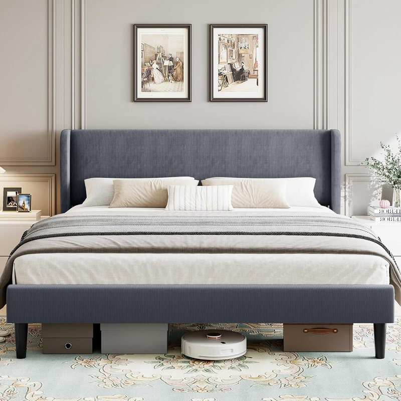 Platform Bed Frame With Upholstered Wingback Headboard, No Box Spring Needed, Dark Grey, Full