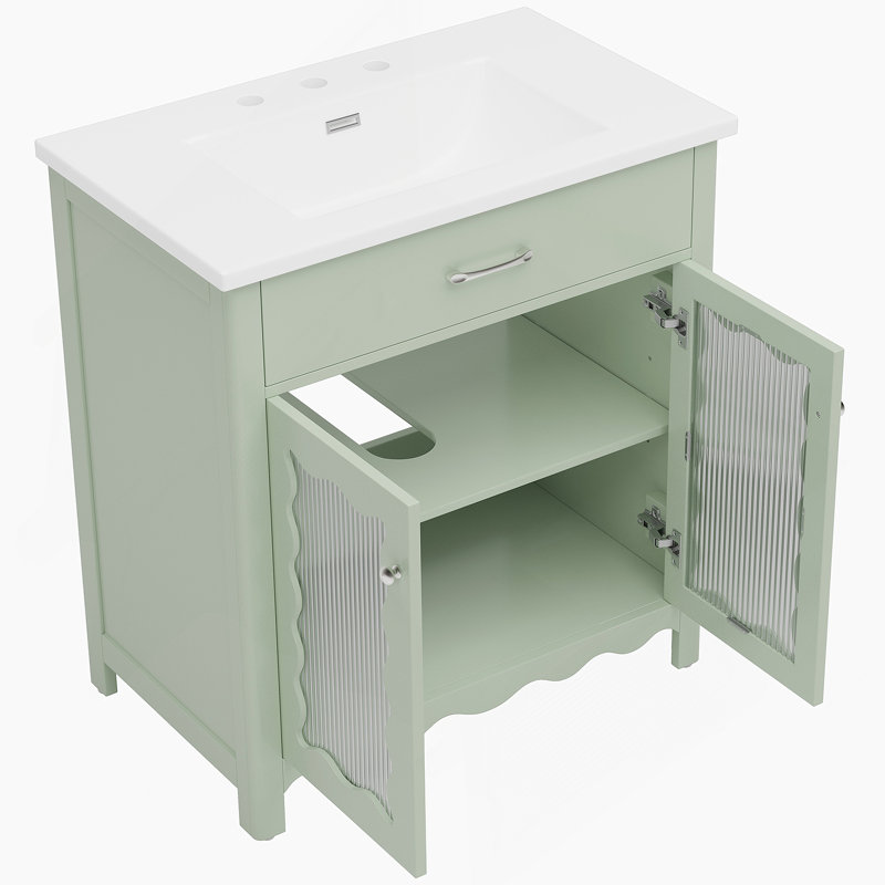 Meuble-lavabo 31 po avec verre trempé, vert, Vert