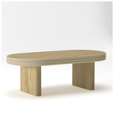 Mid-Century Modern Oval Fluted Coffee Table with Wood Veneer, Natural Finish Living Room Centerpiece