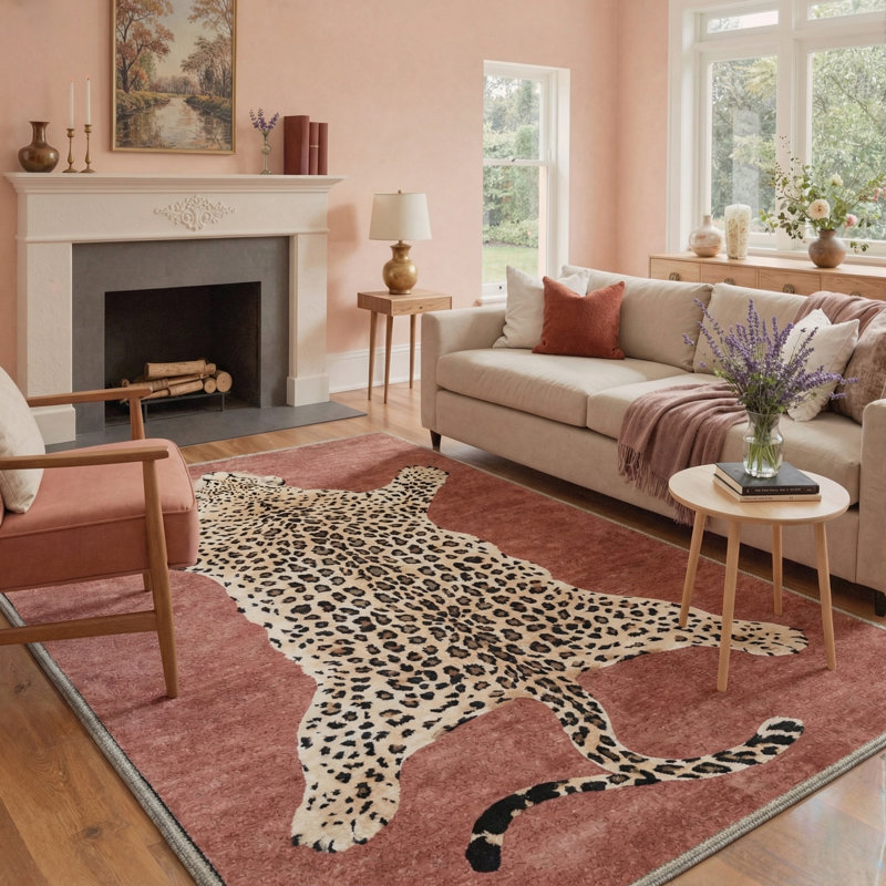 Alinda Lynx Animal Print Machine Washable Red / Brown / Beige Indoor Area Rug with Non-Slip Backing, Rectangle 5' x 7'