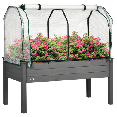 48" W x 22" D x 46" H Elevated Wood Raised Garden Bed with PE Greenhouse Cover, Outdoor Raised Planter Box for Herbs and Vegetables, Ideal for Patio, Backyard and Balcony, Dark Gray