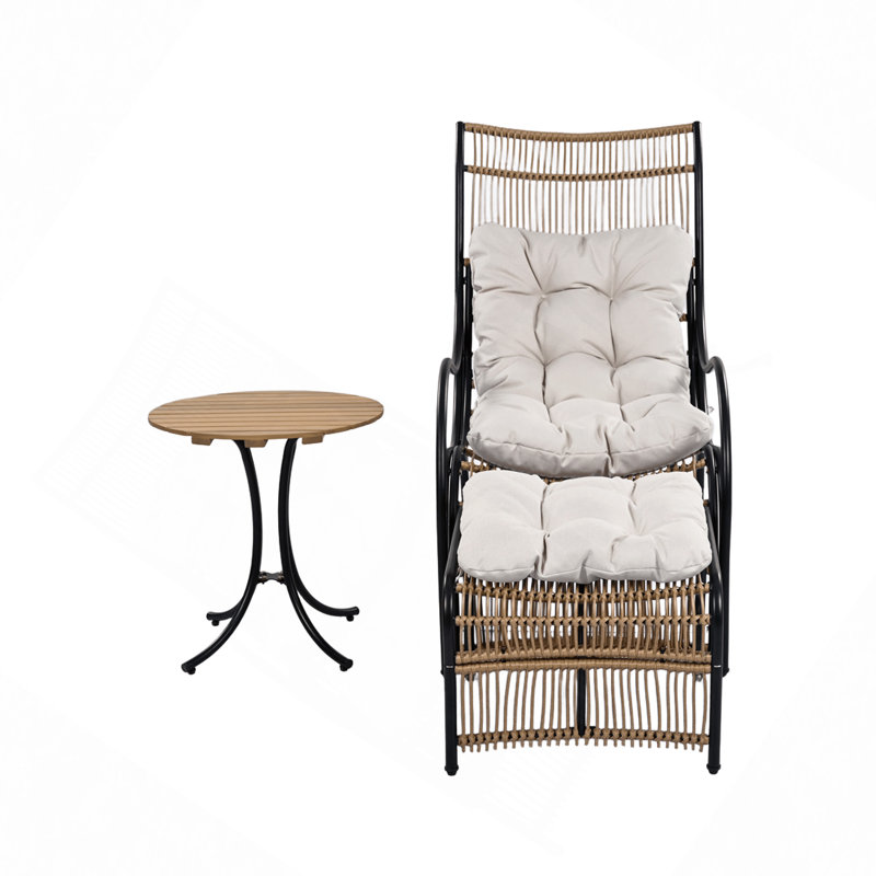 3 Pieces Wicker Outdoor Patio Furniture Set With Lounge Chair, Balcony Chairs Table Set With Cushions, Ottoman, Patio Conversation Sets For Garden ,Deck,And Porch