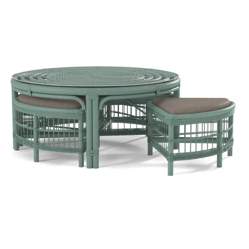 Raffles Rattan Cocktail Table with Benches, Antique Black, Stone Crypton Performance; 0884-83