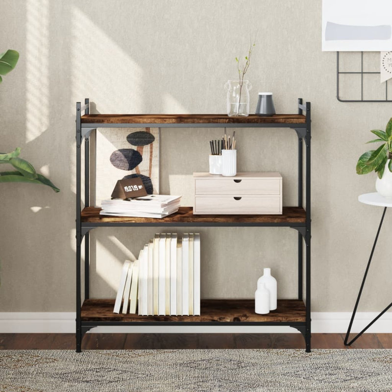Aaleigha 86cm H x 30cm W Metal Standard Bookcase, 86cm H x 30cm W x 80cm D, Smoked Oak