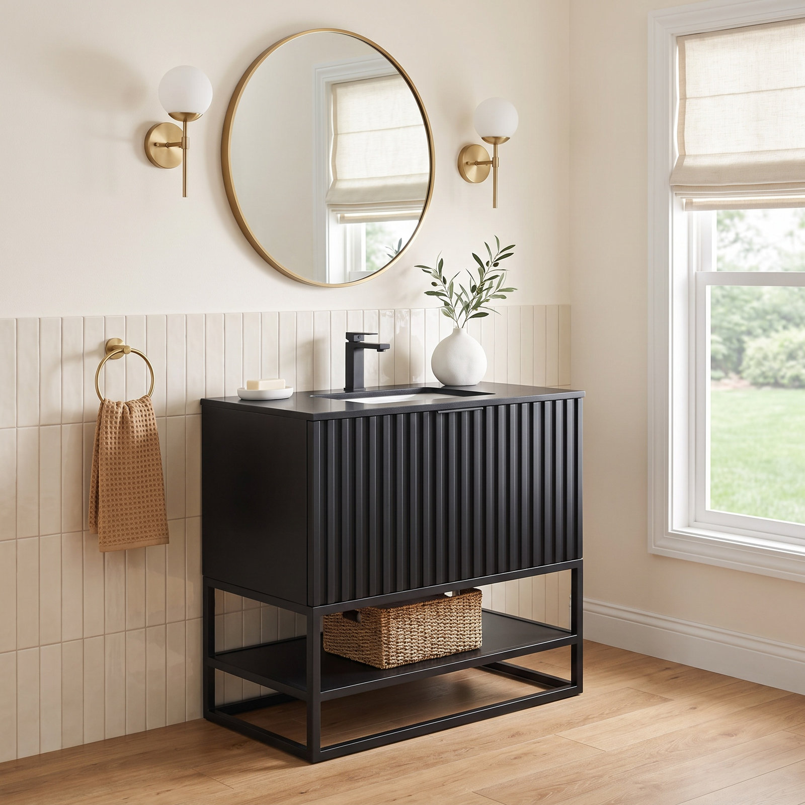 Terra 36" Carrara Marble Single Bathroom Vanity, Black Quartz/Single Faucet Mount, Midnight Black, Matte Black