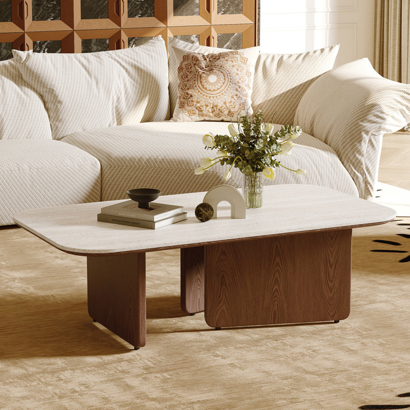 Table basse de style Mid-Century 51,18 po, plateau de table en pierre frittée beige, 3 pieds en bois massif, brun