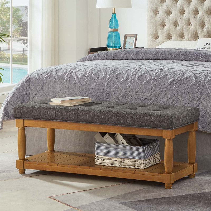 Banc rembourré avec tablette de rangement, repose-pieds capitonné pour entrée de chambre à coucher, Granite+Natural
