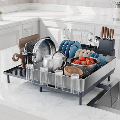 Dish Drying Rack, Expandable Dish Racks For Kitchen Counter, Space Saving Drying Rack Kitchen, Extra Large Drainer With Multifunctional Flip Up Pegs, (Gray)