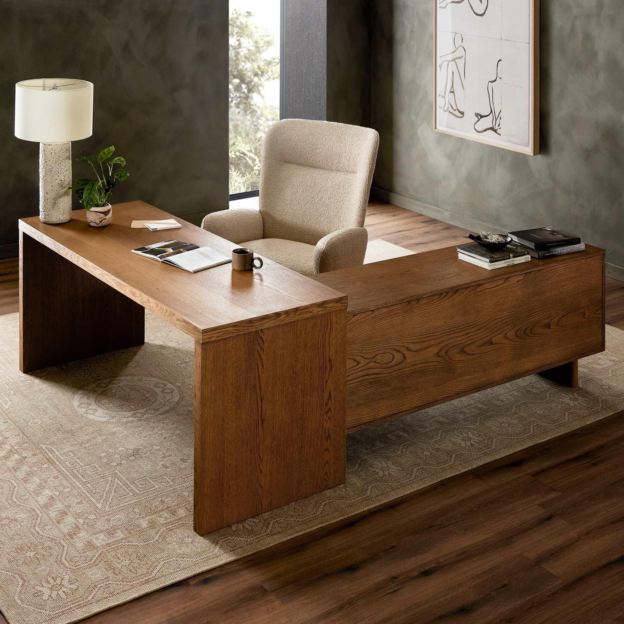 L-Shaped Wood Executive Desk, Amber Oak