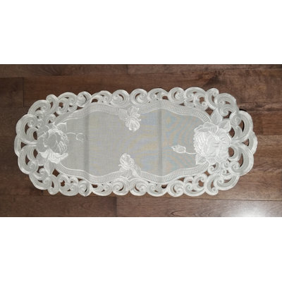 Silver Rose Embroidered Cutwork Rectangular Table Runner, 13 By 26 Inch Table Linen Decor, Water Resistance, Machine Wash Safe