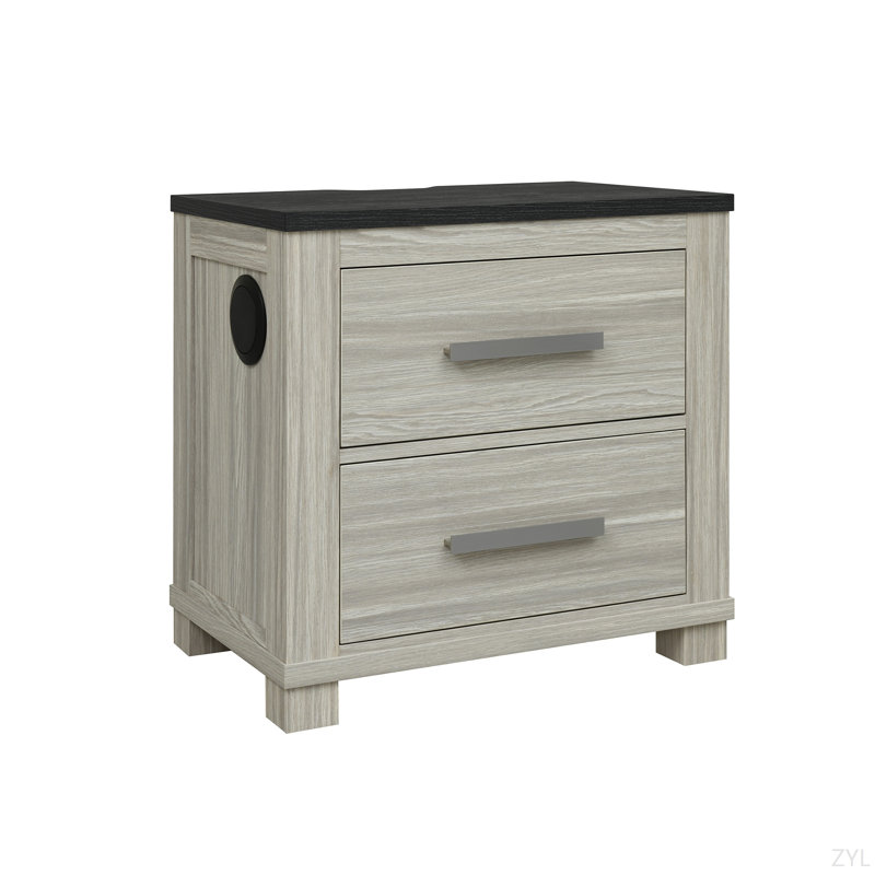 Table de chevet beige avec dessus contrastant et poignées de bar élégantes