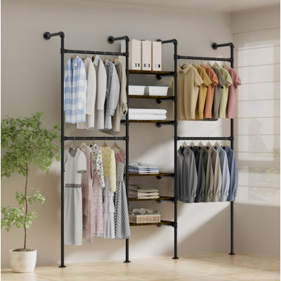 Industrial Pipe Clothing Racks, Wall Mounted Clothing Rack, Heavy Duty Garment Rack Closet Wardrobe Rack with Shelves, Closet Clothes Rack, Walk-in Pipe Closet System