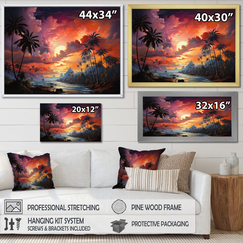 «Coral Palm Trees Landscape II», reproduction sur toile, H 12 po x l 20 po x P 1 po, Encadrement doré