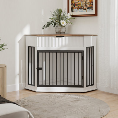 Brehob Corner Dog Crate Furniture with Fluted Drawer Storage for Small, Medium Dogs
