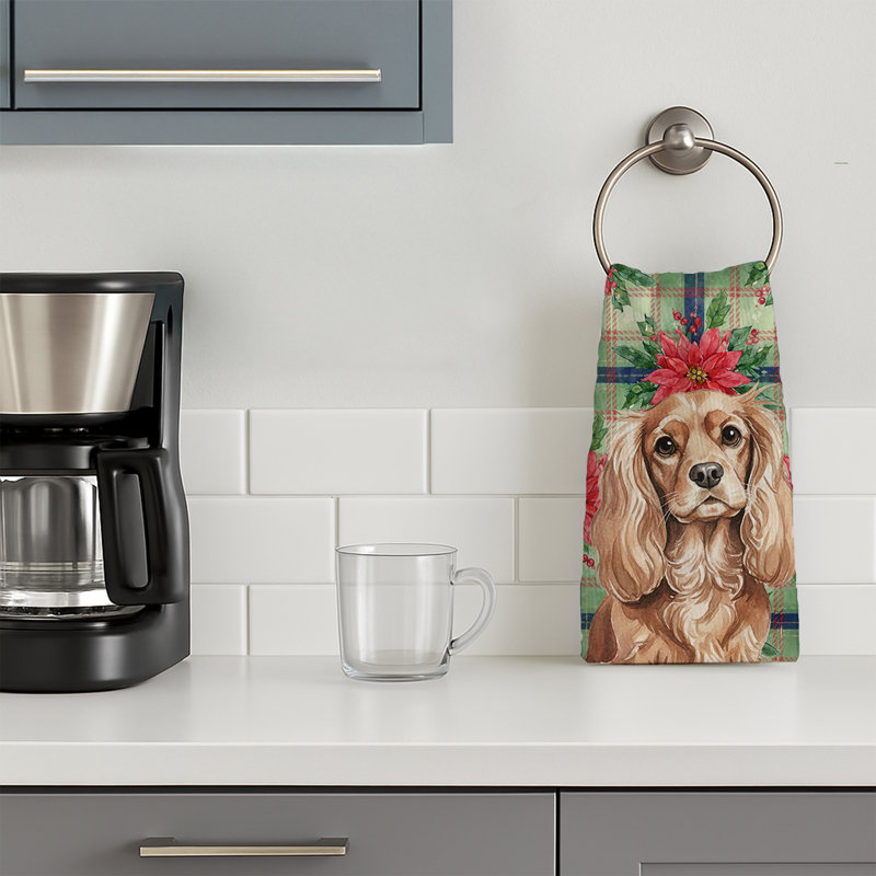 Ruby Cavalier Spaniel Christmas PoinsettIas Kitchen Towel, Ruby Cavalier Spaniel