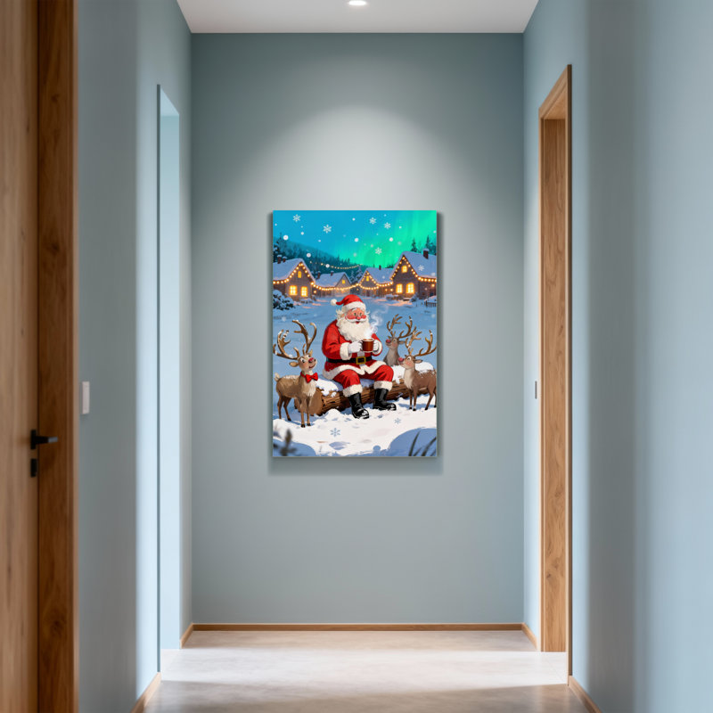 Père Noël de Noël avec des rennes dans un village d'hiver, H 40 po x l 28 po