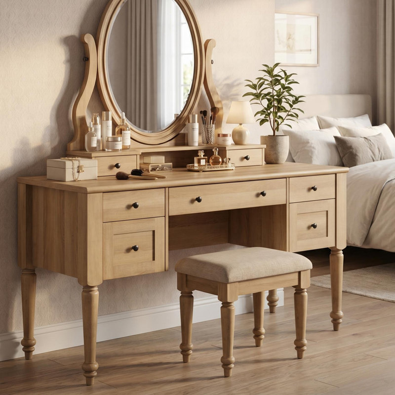 56" Spacious Vanity Desk With 5 Drawers, Charging Station, Rear Cabinet, Open Shelf, Oak, No Mirror, Oak