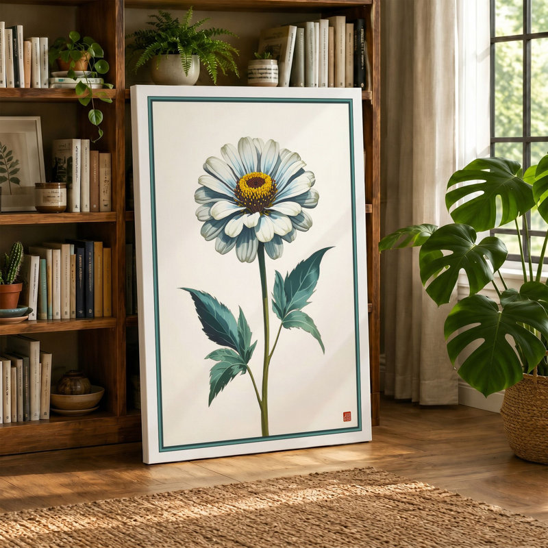 White Daisy Study Botanical - Wrapped Canvas, 36x24 - 91.4 x 61.0 cm, Ochre Border