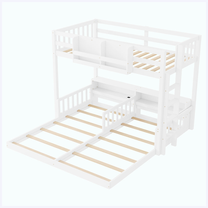 Lit superposé triple en bois blanc détachable 3 en 1 (lit simple XL superposé à un lit simple et lit simple triple), avec étagères de rangement, lumières DEL et station de recharge.