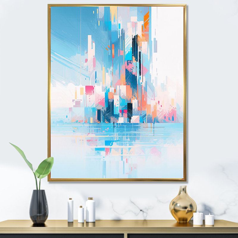 «Teal Peach Interlocking Perspectives» sur toile, Cadre flottant doré, H 40 po x l 30 po x P 1,5 po