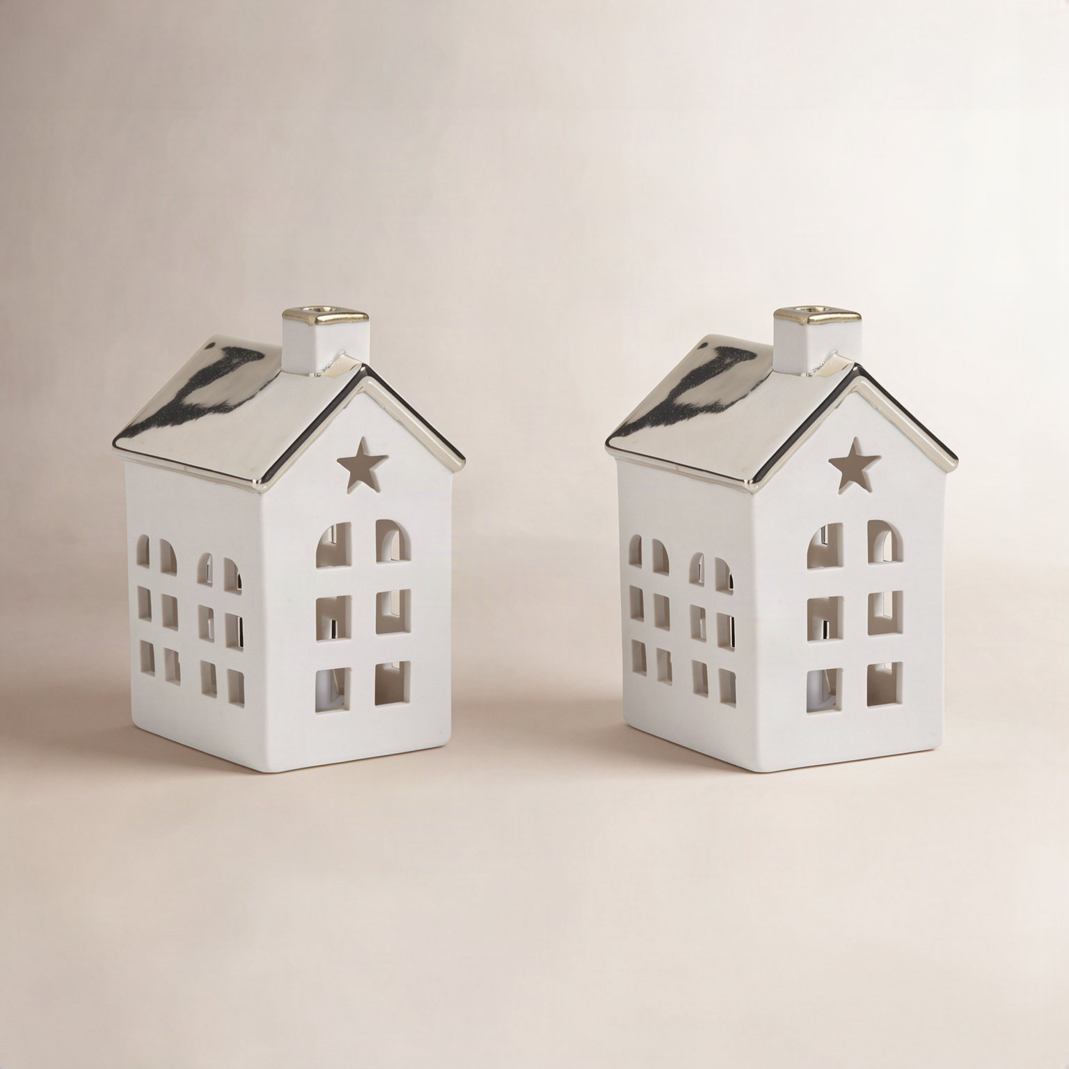 2-Piece Lighted Porcelain Village House Set, 4.25" H x 3" W x 2.5" D, Gold/White