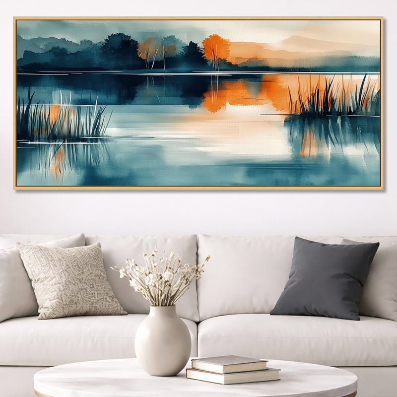 «Blue Orange Sunset Lake Simplicity - Blue Serene Wall Decor, Nature», impressions encadrées, H 28 po x l 60 po