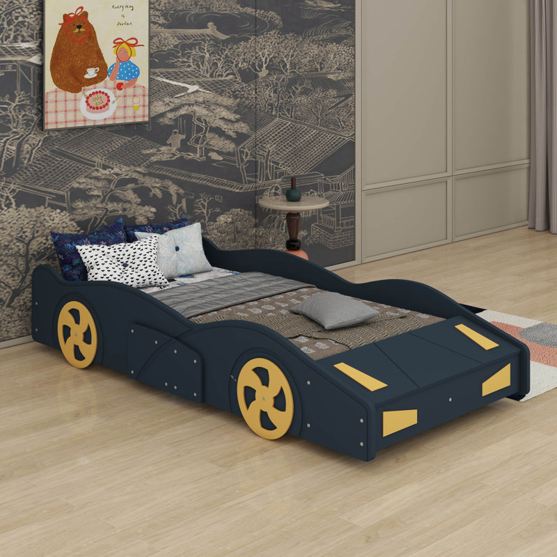 Car-Shaped Platform Bed With Wheels And Storage, Dark Blue/Yellow, Twin