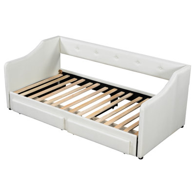 Lit simple TG, très grand, beige, lit de jour rembourré, deux tiroirs de rangement, support pour lattes de bois souples et extensibles, très grand, support de dossier optimal, pas besoin de sommier