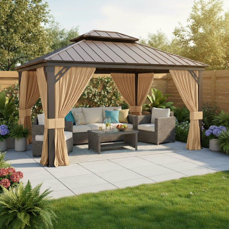 12' X 14' Outdoor Hardtop Gazebo With Galvanized Steel Roof, Tan Curtains And Mosquito Netting