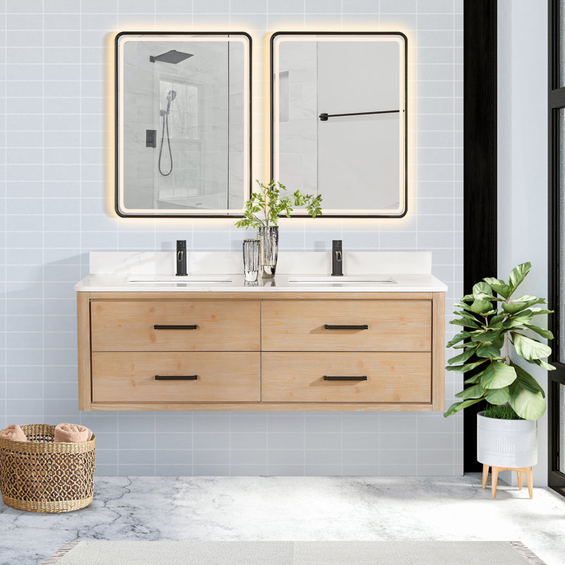 Meuble-lavabo double 60 po avec plateau Cristo, Bois de sapin brun