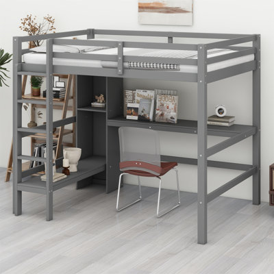 Full Size Wood Loft Bed With Under-Bed Desk, Loft Bed With Multifunction Shelves, Solid Wood Bed, No Box Spring Needed