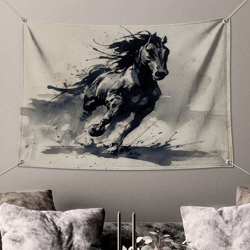 Tapisserie murale cheval de course aquarelle - décoration murale cheval, 50in H x60in W with 4 Grommets