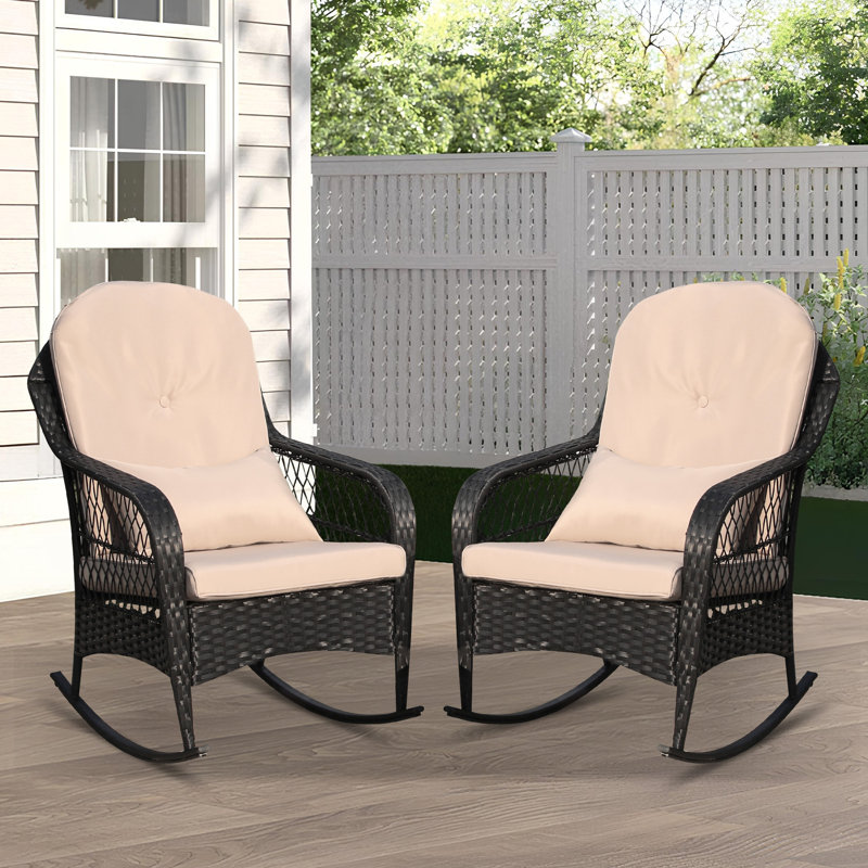 Chaise berçante d'extérieur en osier avec coussins rembourrés, chaise berçante de véranda en rotin avec accoudoirs pour le jardin, le patio et la cour (ensemble de 2)