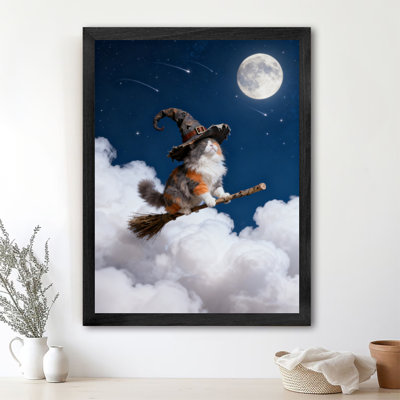 Black Framed Vintage Cat Halloween with Witch Hat Wall Art Retro Style Framed Prints
