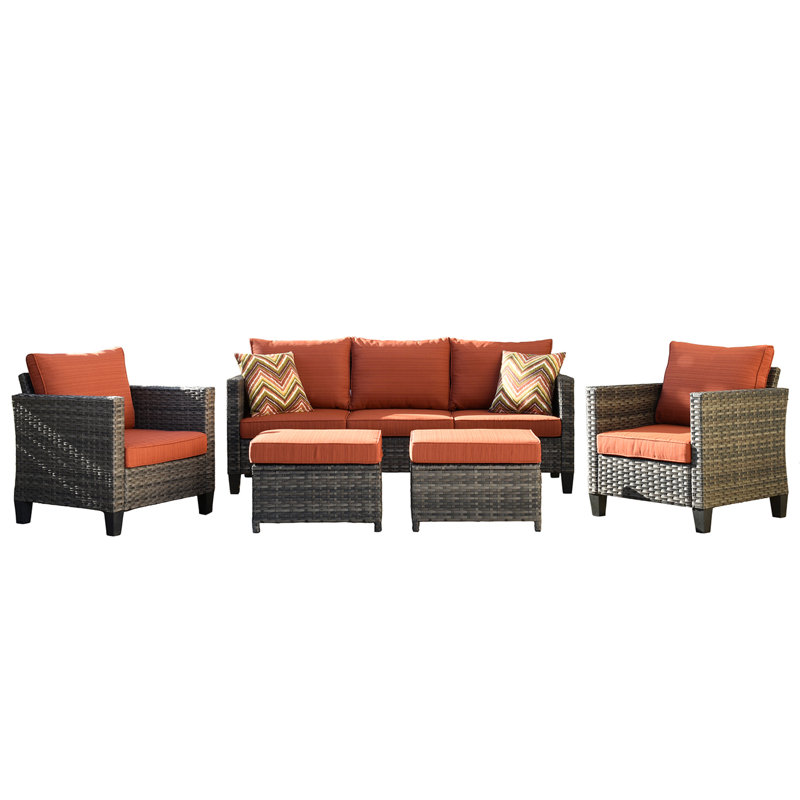 Premium All-Weather Wicker 5 - Person Patio Conversation Set with Cushions, Orange
