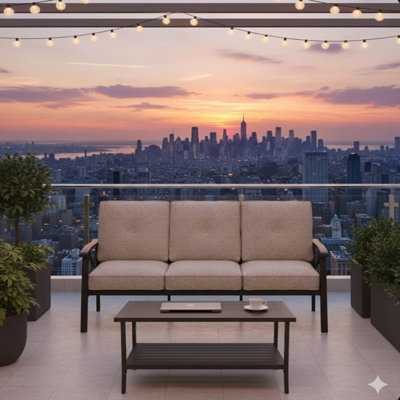 2 Piece Outdoor Patio Set With 70 Inch All-Weather 3-Seat Sofa And Rectangular Coffee Table, Beige Cushions, Khaki Frame