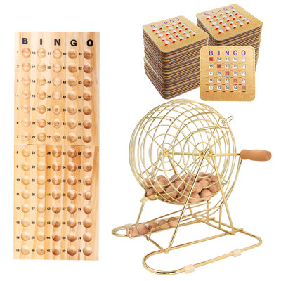 Deluxe Bingo Game Set with Large Brass Cage, 100 Shutter Slide Bingo Cards, Wood Board and Balls for Large Groups, Game Night Parties