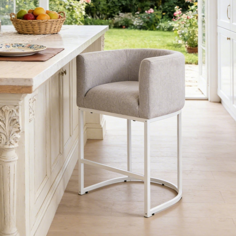 26" Upholstered Metal Barrel Counter Bar Stool, Light Grey Seat/White Frame, 1