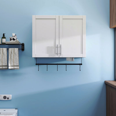 Bathroom Wall Cabinet With Adjustable Shelves, Towel Bar, 5 Hooks, Over The Toilet Storage Cabinet
