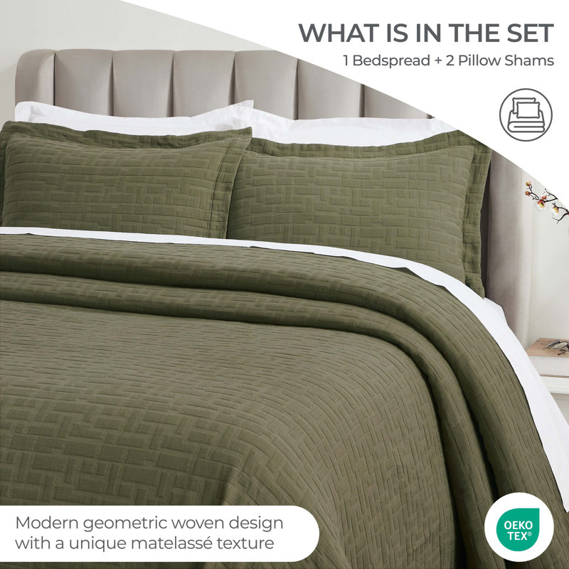 Jax Madrid Cotton Medium Weight Geometric Matelasse Bedspread And Sham Set, King Bedspread + 2 King Shams, Olive Green