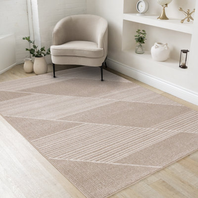 Kempst Neutral Beige Cream Striped Geometric Rug
