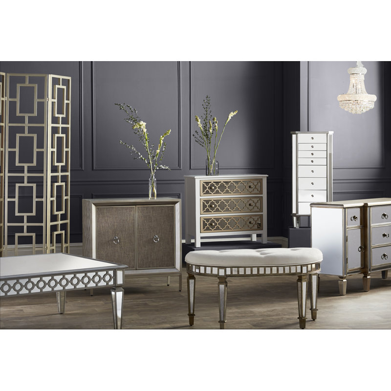 Beige Mirrored Fir Wood Upholstered Accent Cabinet