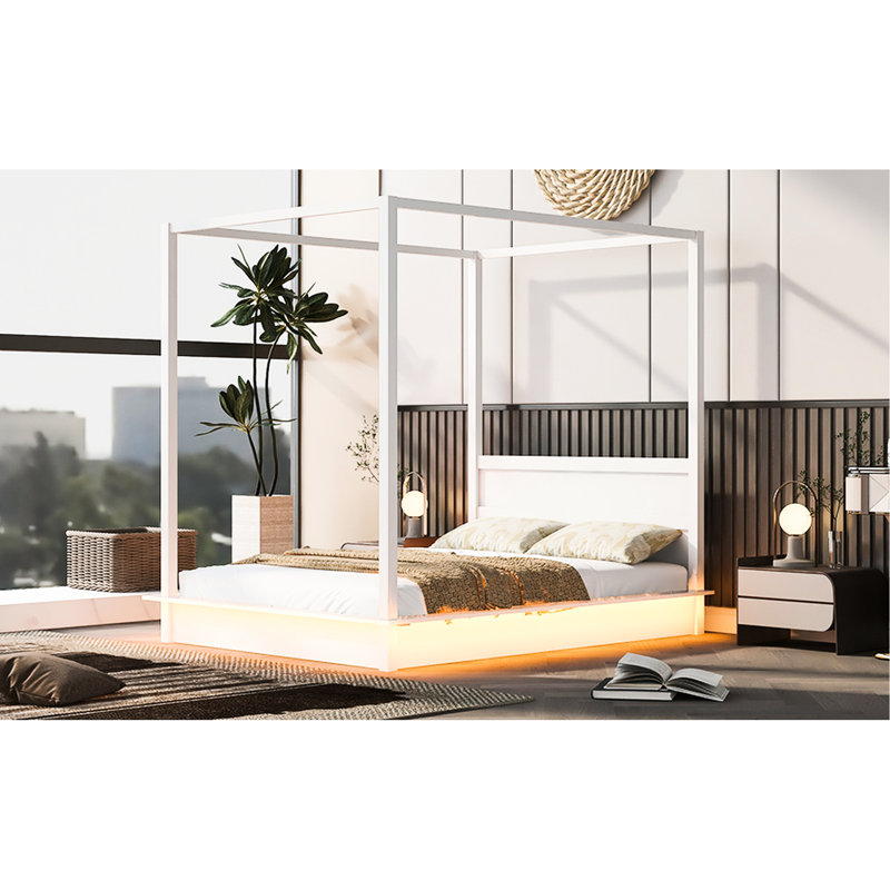 White Led Platform Canopy Bed For Queen, Modern Bedroom Aesthetic, Hassle - Assembly Queen Size With Canopy, Clean Profile, Easy Steps