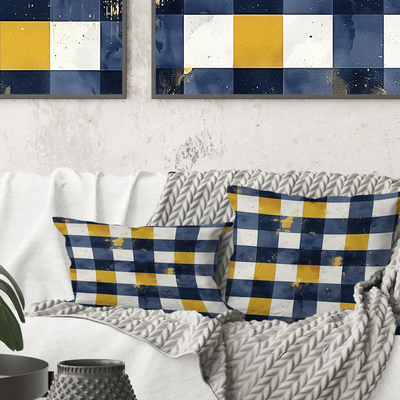 Imprimé vichy bleu et jaune I - coussin décoratif moderne, H 18 po x l 18 po