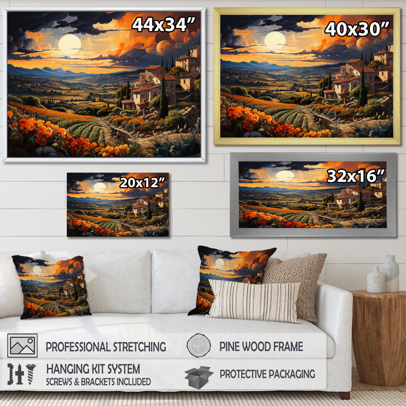 Impression sur toile, "French Vineyard Symphony II", Cadre flottant noir, H 16 po x l 32 po x P 1 po