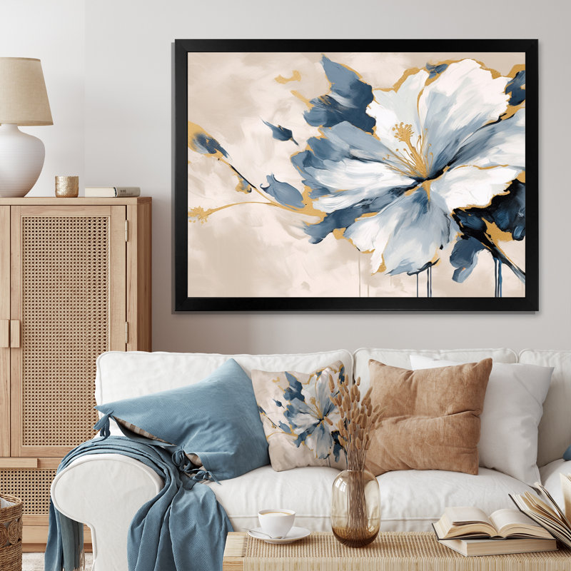 Hibiscus bleu et blanc, harmonie tropicale, fleurs II - art mural floral, H 24 po x l 32 po x P 1 po, Cadre photo noir