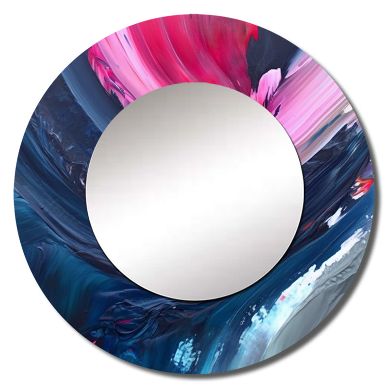Art texturé bleu et rose - miroir unique abstrait, grand miroir mural rond moderne, art imprimé en métal, 36 po x 36 po