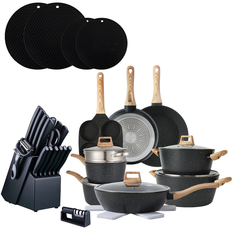 21pcs Non-stick Pots And Pans Cookware Set With 15-piece Cutter Set & 4 Silicone Mats - Complete Kitchen Cookware Bundle For Nonstick Cooking, Easy Clean & Versatile Use