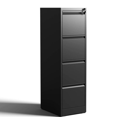 4 Drawer Vertical File Cabinet For Office/Home, Steel Construction, Corrosion Resistance, Full Extension, Tilt, Black Modern Unit Metal With Lock Extension Drawers, Tilt Design, Black, Style