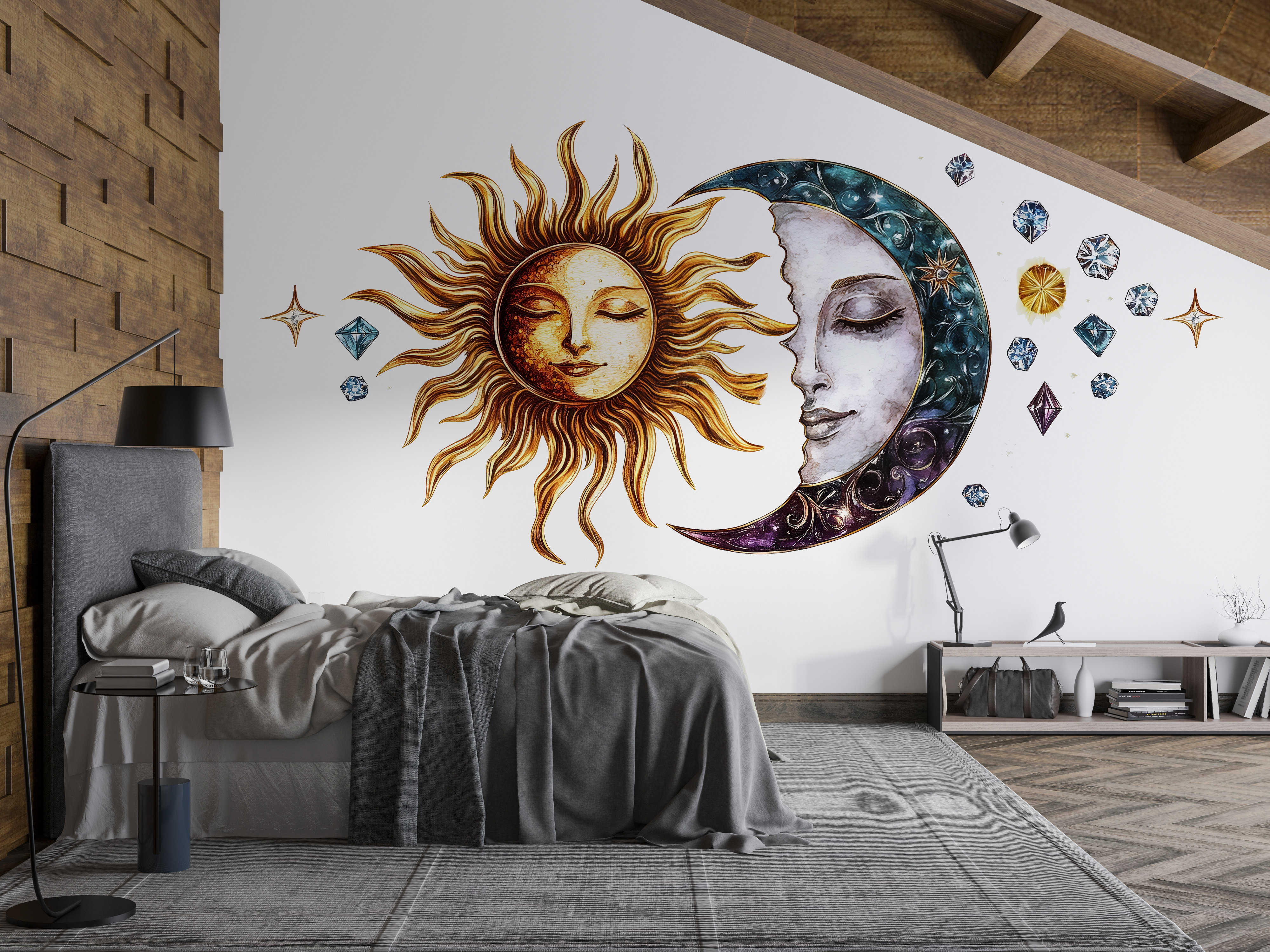 Trinx Sun Moon Wall Mural, Celestial Bedroom Decor, Mystic Wall Art ...